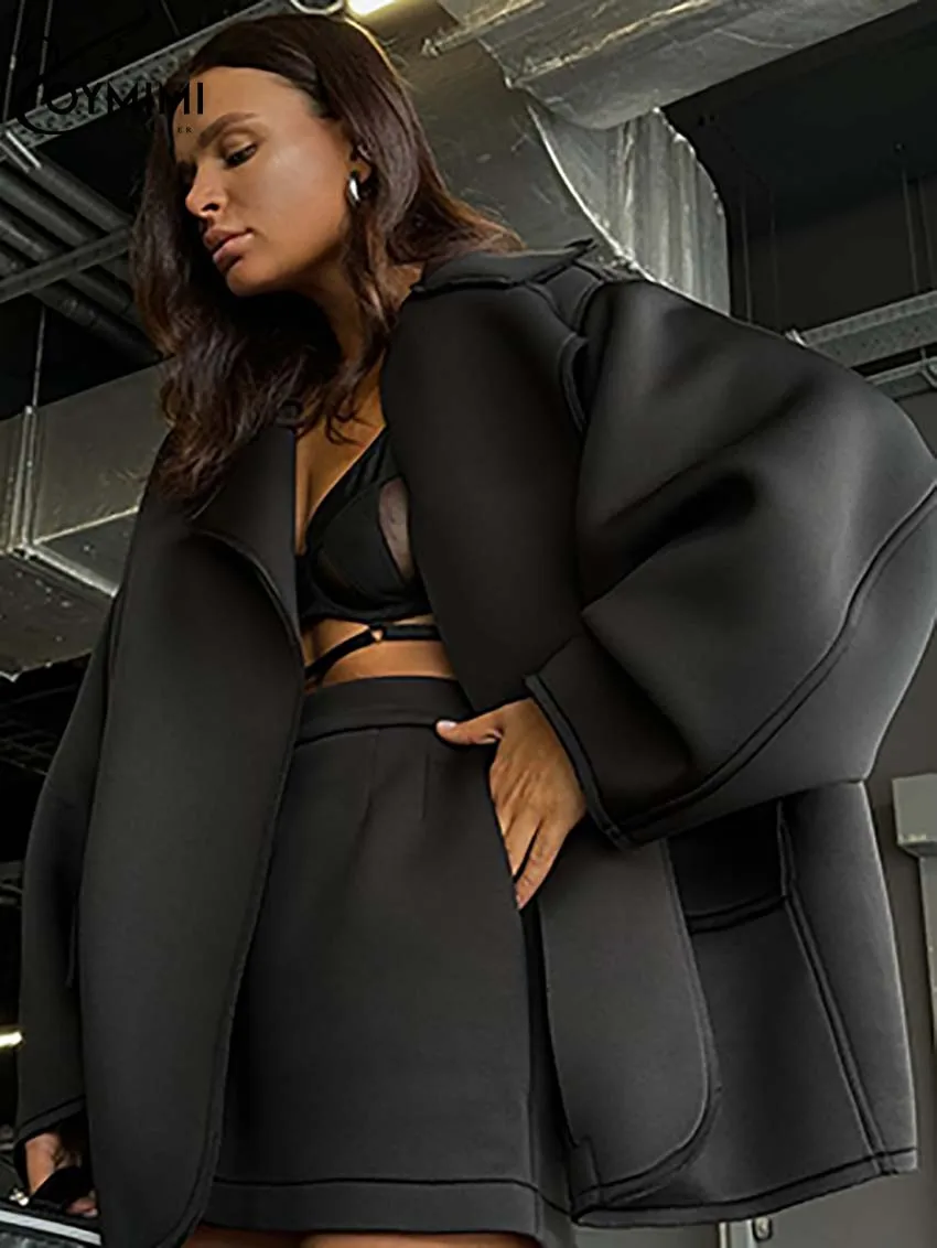 Oymimi Элегантный черный вязаный женский комплект из 2 предметов модные свободные