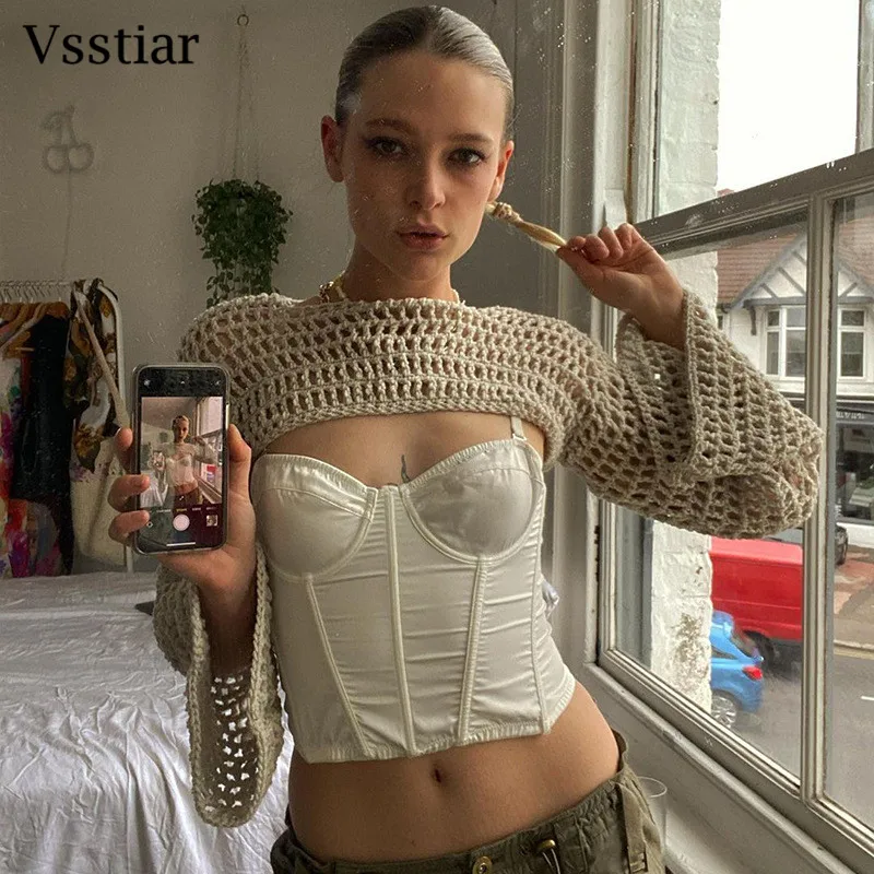 

Vsstiar Crochet Smock Tops Long Flare Sleeve Hollwo Out Sexy Women T Shirt Black Beige Streetwear Female Tees Fashion