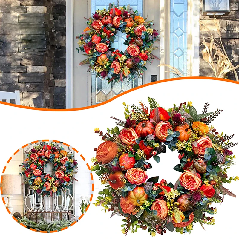 

Fall Peony And Pumpkin Sunflower Wreath For Front Door Home Farmhouse Decor Festival Celebration Thanksgiving Wreath Decor