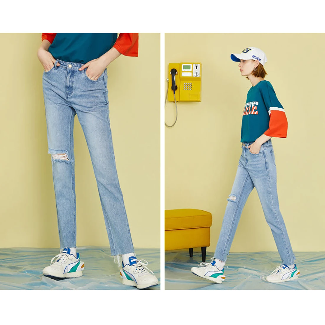 ATSUNNY HIP HOP Fashion Harajuku Jeans Streetwear Vintage Casual Straight Versatile Ripped Casual Pants Raw Edge Straight Pants