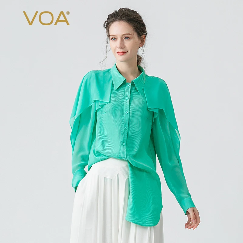 

VOA Jacquard Crown Le Crepe Mulberry Silk Green Polo Collar Panel Georgette Silk Shirt Long Sleeve Silk Shirt Womens Tops BE1152