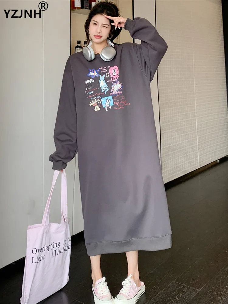 

Зимнее Новое плюшевое утепленное платье YZJNH 2023, женское свободное платье с принтом кролика, пуловер с круглым вырезом, большие платья с капюшоном