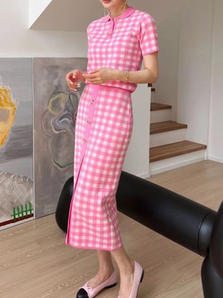 

Elegant Knitted Suit 2022 Summer Plaid Ice Silk Knitted Sweater + Single-Breasted Hip Skirt Two-Piece Fashion Women'S Clothing