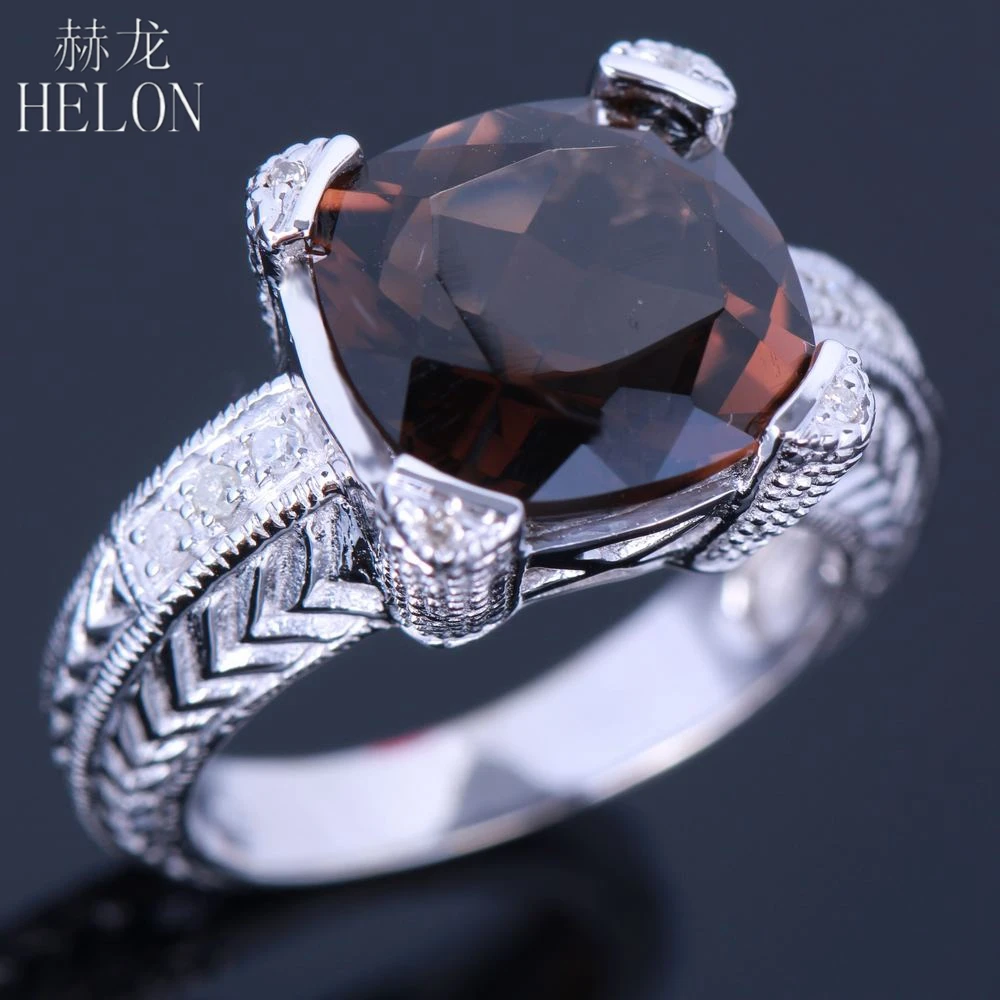 HELON Серебряное кольцо с безупречным 12мм подушечкой из дымчатого кварца и бриллиантовым вставками в старинном филигранном стиле, классическое изысканное ювелирное изделие на основе серебра 925.