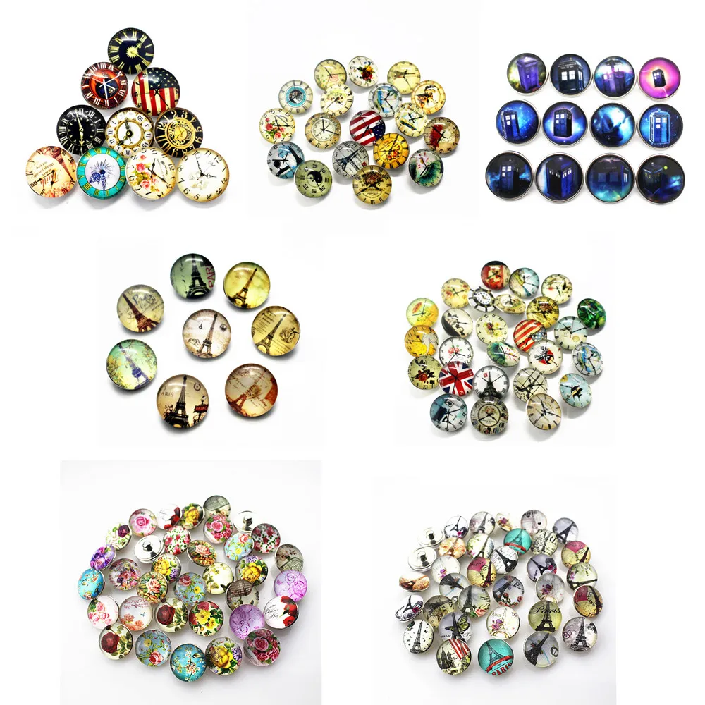 

Hot Sale12pcs Eiffel Tower Clock Time Lord Print Glass Snap Button Charms Fit DIY Ginger Button Bracelet&Bangle Jewelry Making