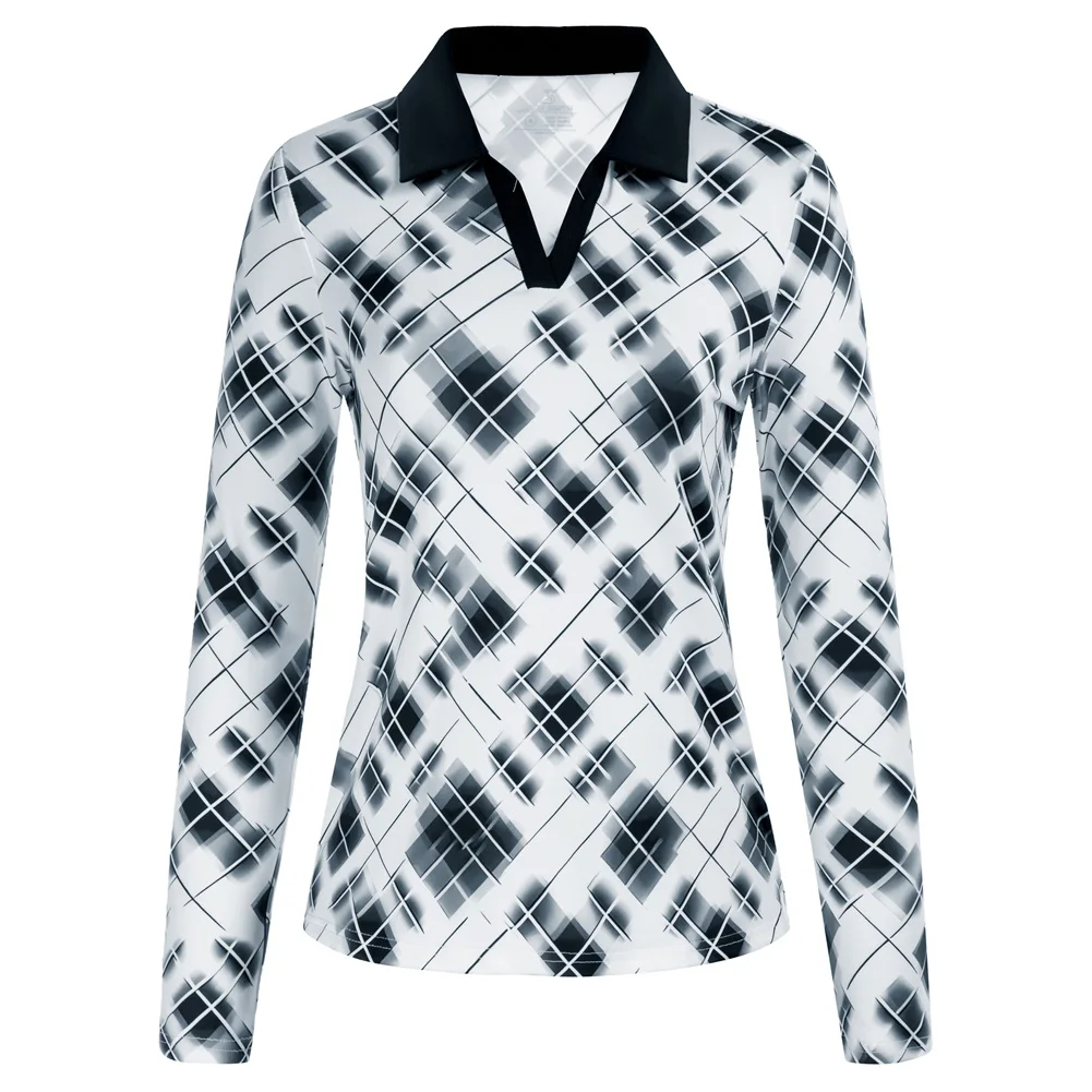 

JS Women Side Slit Sports Shirt Long Sleeve Lapel Collar V-Neck Tops