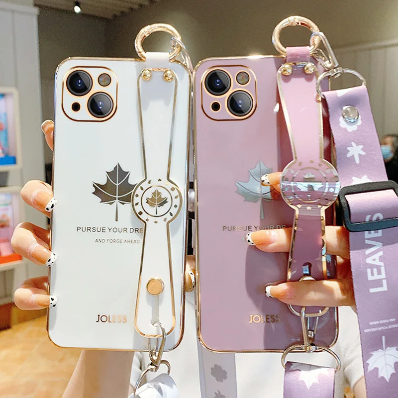 

Suitable for iphone14 Phone Case 12mini 13promax Maple Leaf Wrist Strap Xsmax Diagonal Straddle Lanyard 11pro 8plus Soft Cover