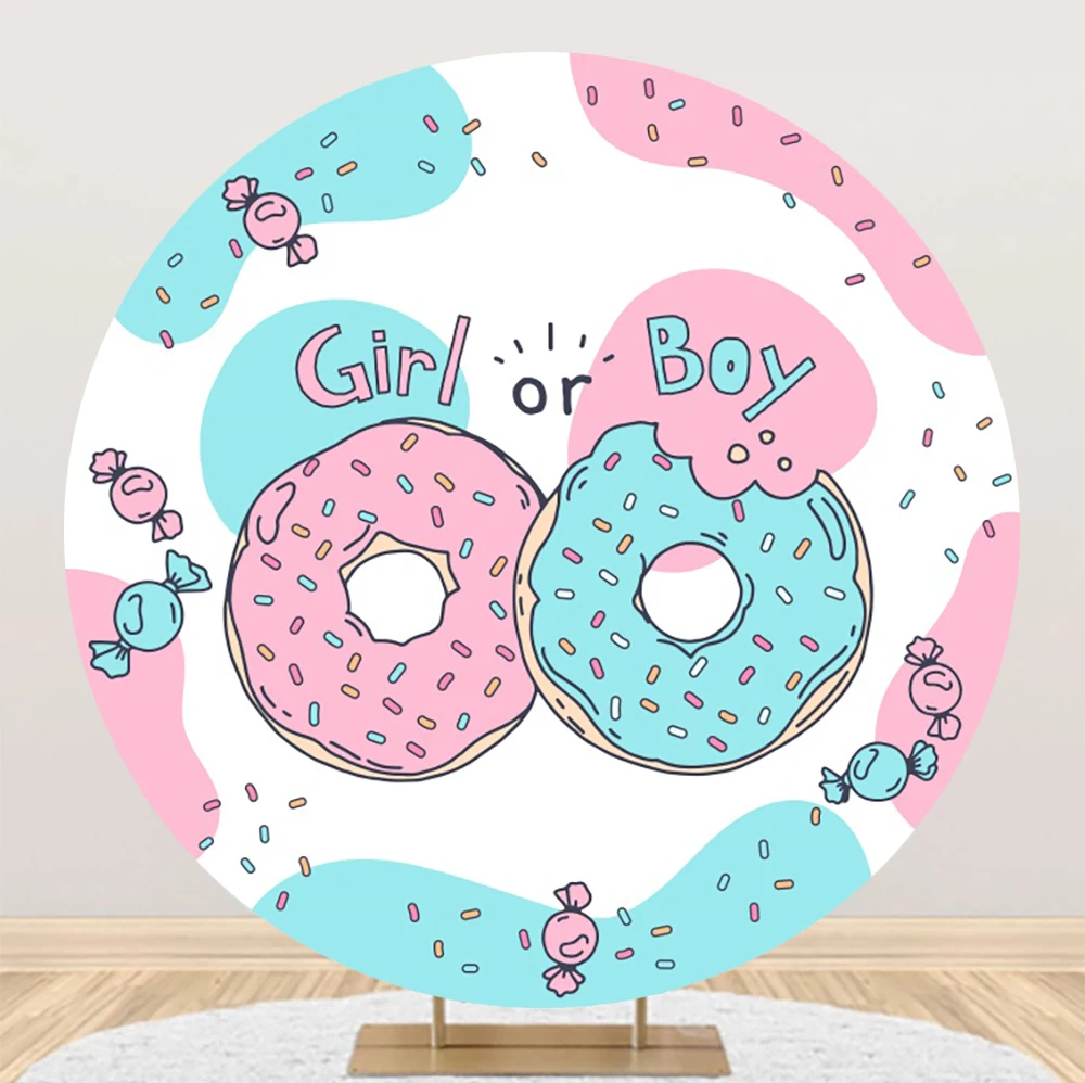 

Laeacco Sweet Donut Gender Reveal Round Photo Background Girl Or Boy Colorful Dots Kids Newborn Portrait Photography Backdrop