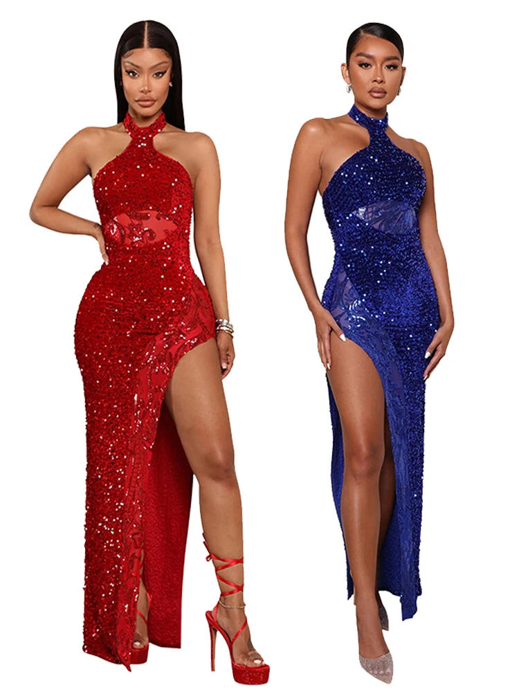 

Hot Sale women's clothing Sleeveless Halter sequin unilateral split skirt vestidos sexy womens dresses