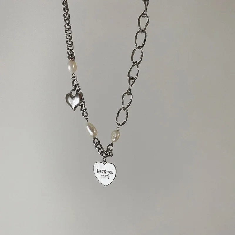 Spring And Summer Titanium Steel Pearl Love Necklace For Women's Little Style Cool Hip Hop Collar Chain Neck Accessories