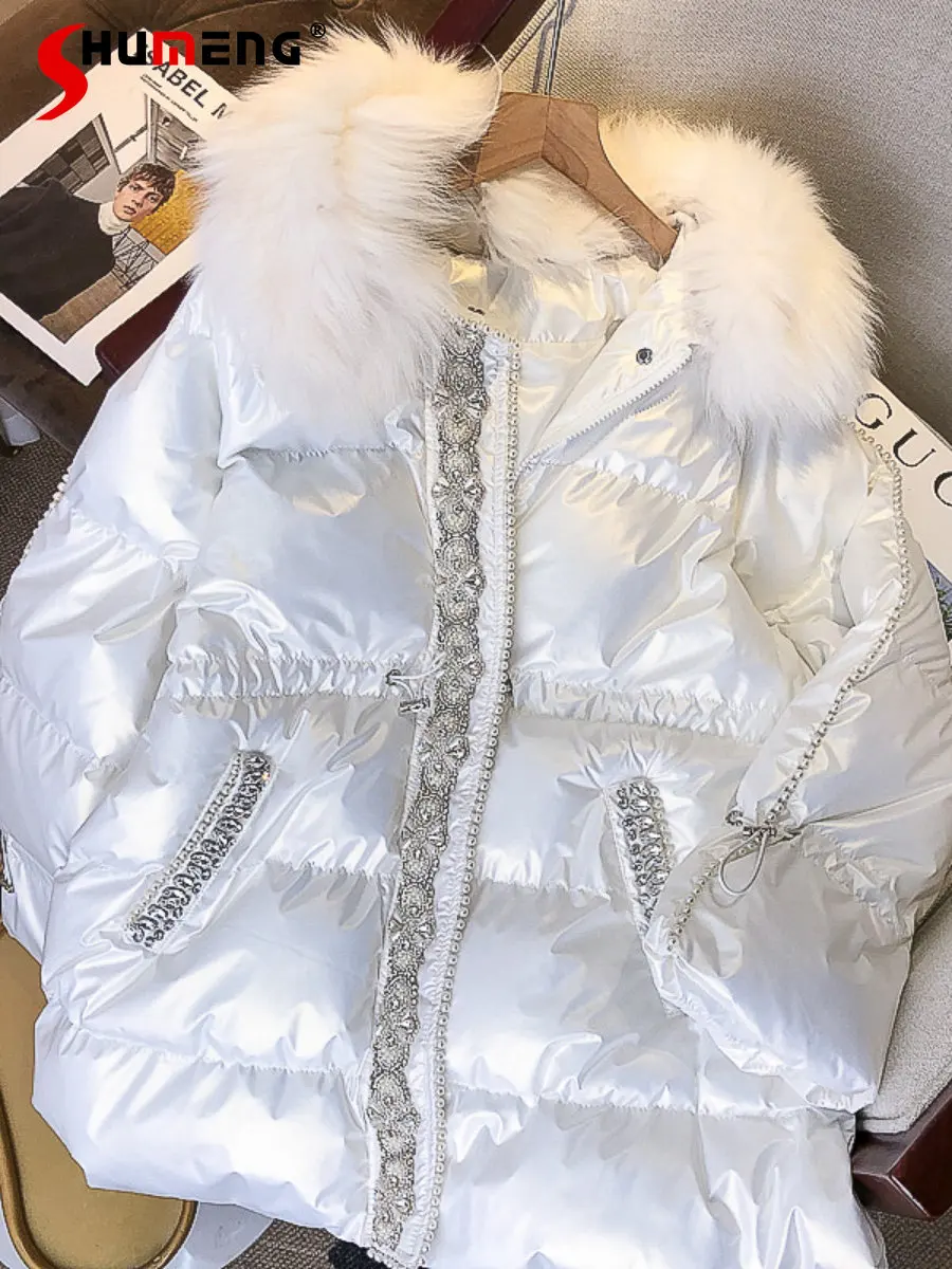 High-end Exquisite Beaded Glossy Cotton-Padded Coat Women Parka 2022 Winter Luxury Fur Collar Thickened Warm White Puffer Jacket