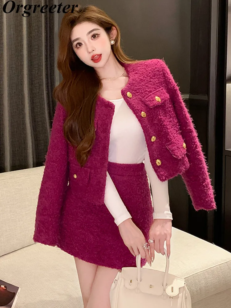 

Женский шерстяной костюм, комплект из двух предметов, короткая куртка с длинным рукавом и облегающая юбка с высокой талией в Корейском стиле
