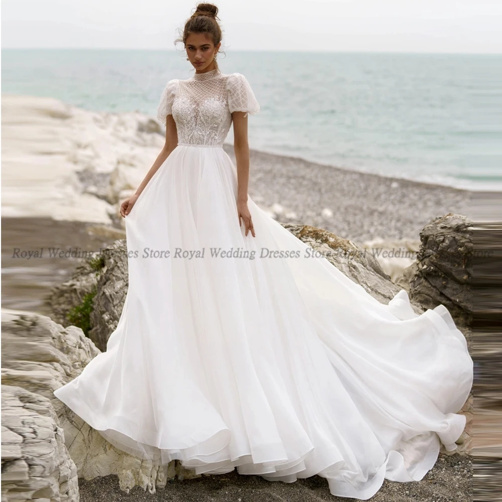 

High Quality A Line Wedding Dresses AppliqueTulle Draped Flower Piping Open Back 2022 Summer Floor Length Gowns Robe De Ma