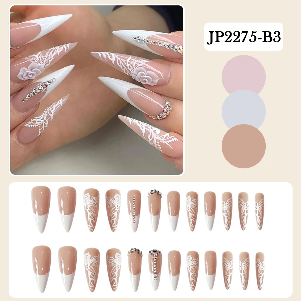 

24PCS Rose Print Fakes Nails Long Pointed Head Sweet Style Artificial Nails Finished Nail Piece 24PCS Best Gifts Fake Nails RP