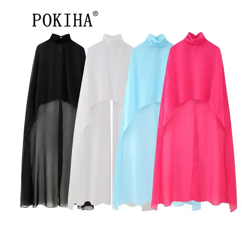 

Pokiha New Women Fashion Asymmetric Gauze Semi-sheer Cape Coat Vintage High Neck Back With Button Female Outerwear Chic Clothing