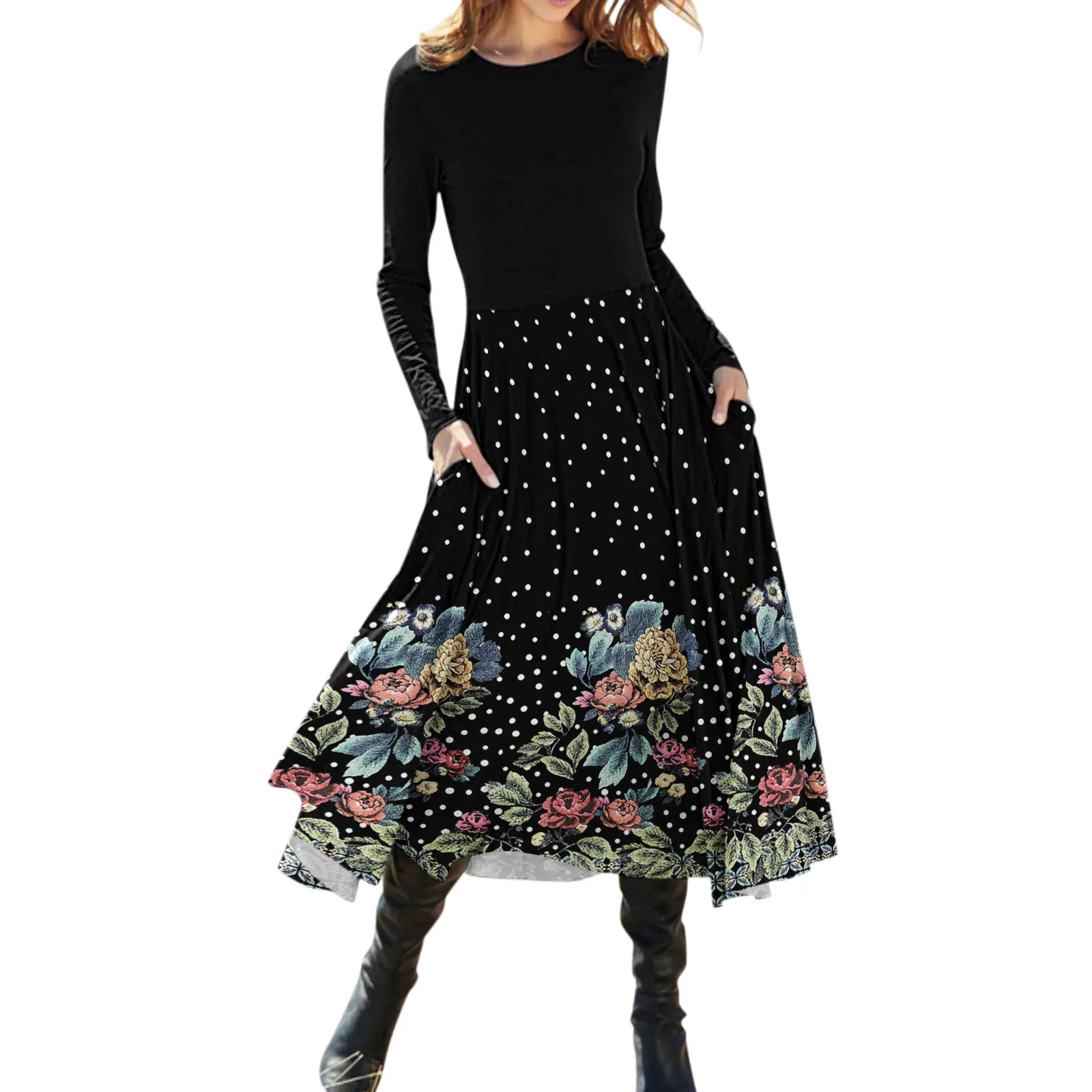 

Женское платье с длинным рукавом, круглым вырезом и цветочным принтом