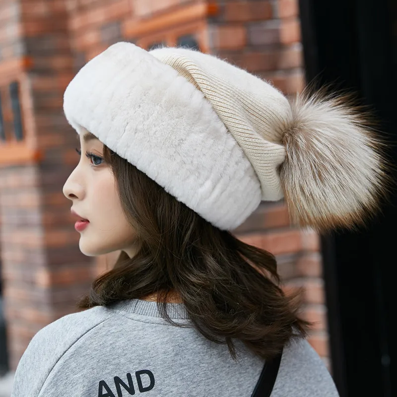 Real Rex Rabbit Fur Hat for Women Winter Kinting Female Warm Snow Caps Ladies Elegant Beanies