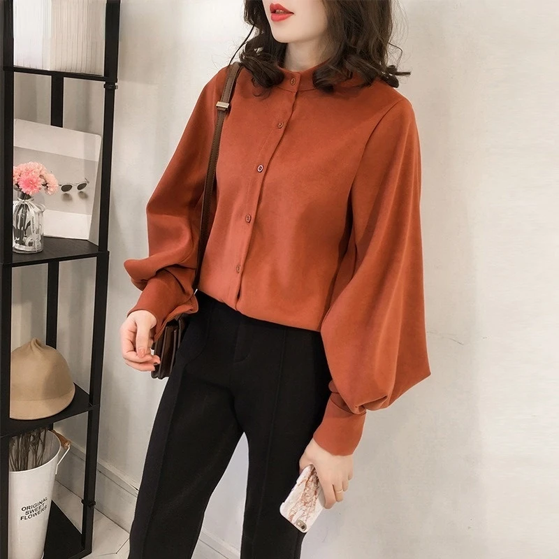 

Elegant Solid Color Office Blouse Stand Collar 2022 Summer Long Sleeve Blouse Top Temperament Streetwear Women's Tops Shirt