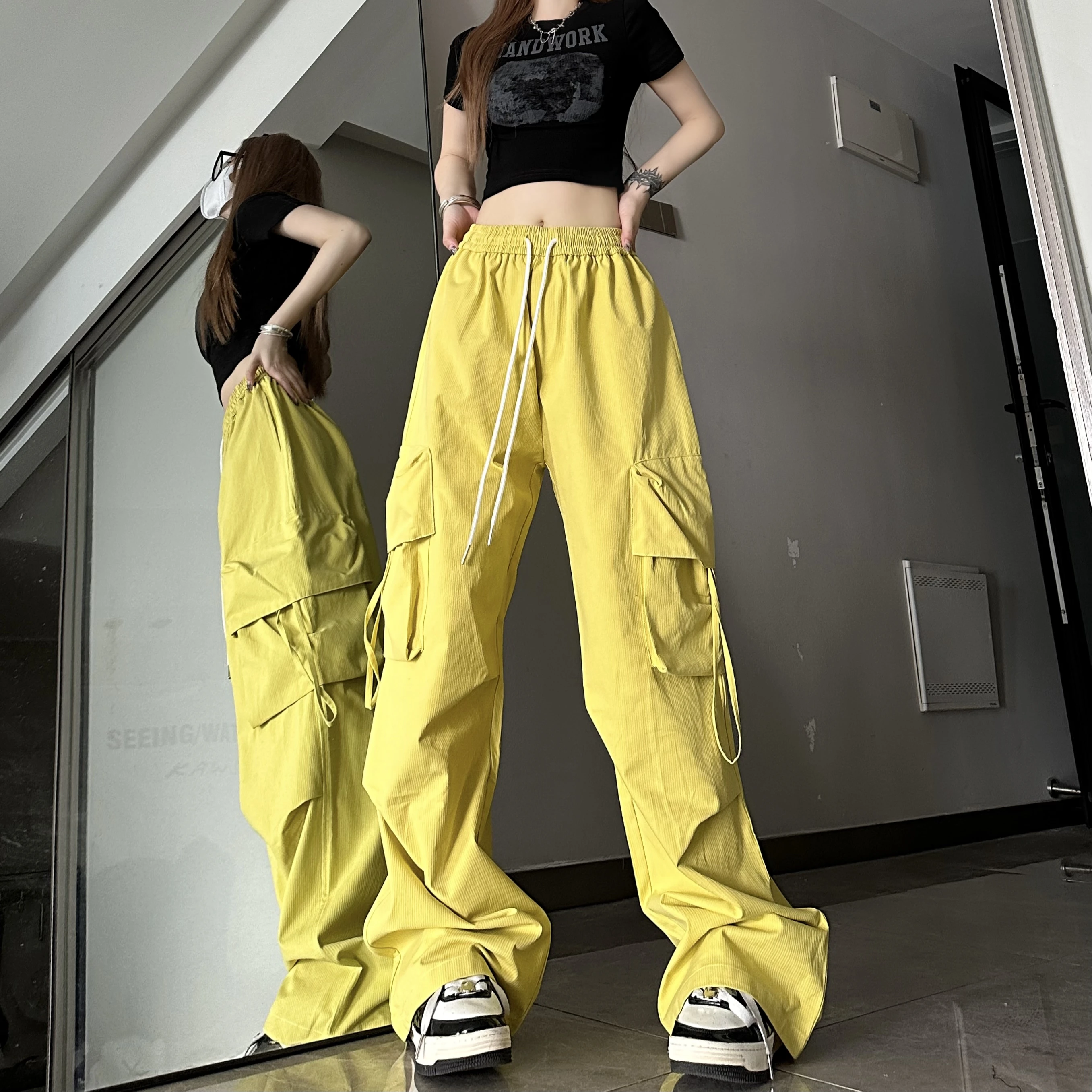 

Loose Straight Leg Long Pant with Side Pocket y2k drawstring pants korean clothes summer sweatpant cargo trouser hiphop harajuku