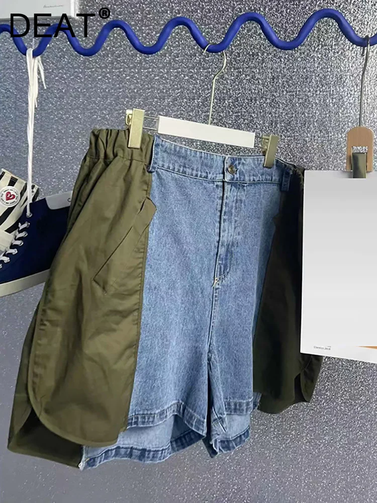 

DEAT Women's Denim Shorts Elastic Waist Contrast Color Patchwork Loose Wide Leg Short Pants 2023 Summer New Fashion 29L2096