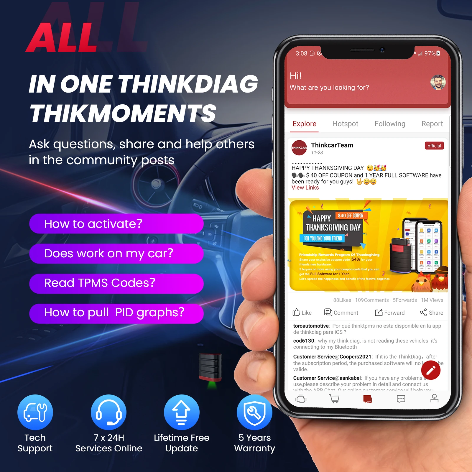 THINKCAR THINKDIAG миниатюрный автомобильный Bluetooth-сканер OBD2 полноценная система
