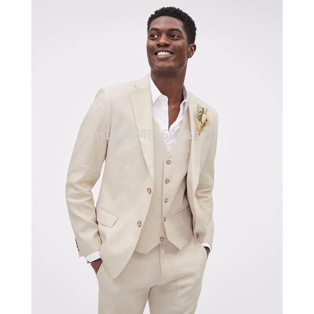 Приталенные мужские костюмы бежевый льняной роскошный пиджак брюки жилет полный