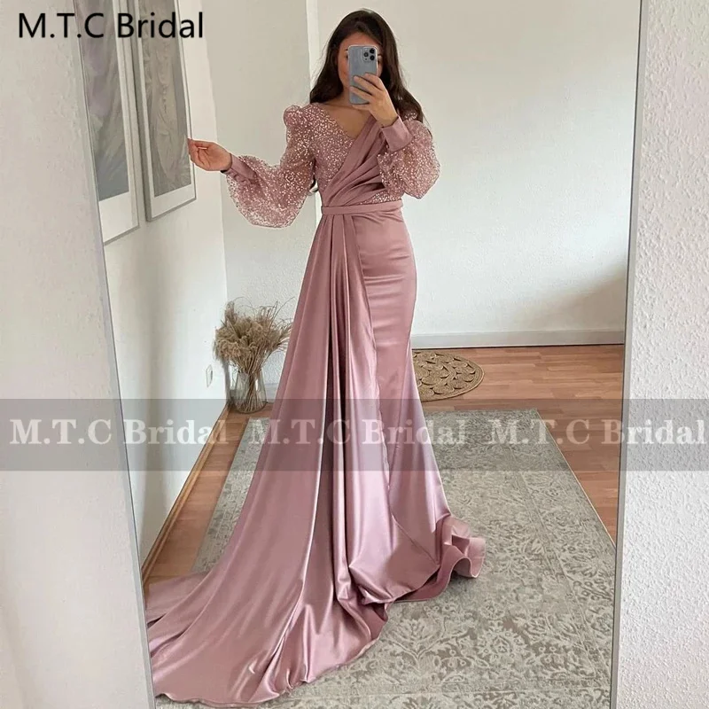 Dusty Rose Mermaid Long Sleeves Evening Dress Sparkly Beads Tulle Satin Ribbons Formal Gowns For Wedding Party Vestido De Festa