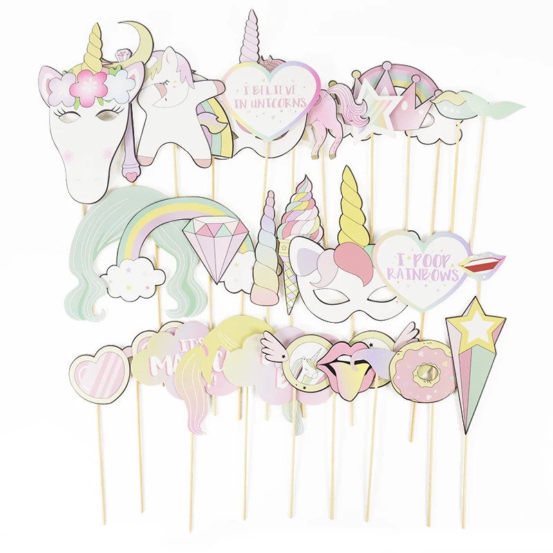 

29Pcs/Set Unicorn Theme Birthday Party Photo Booth Props Kids Girl Birthday Photobooth Props Baby Shower Favors Shooting Props