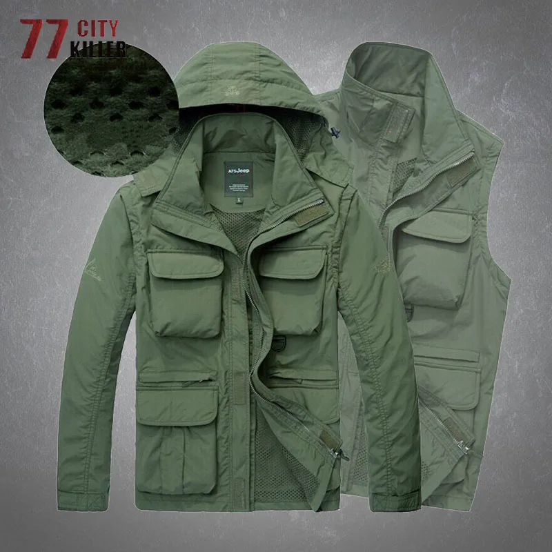 Men's Tactical Jackets Quick Dry 2-in-1 Tops Outdoor Breathable Waterproof Multi Pockets Hooded Windbreaker Military Coats Male