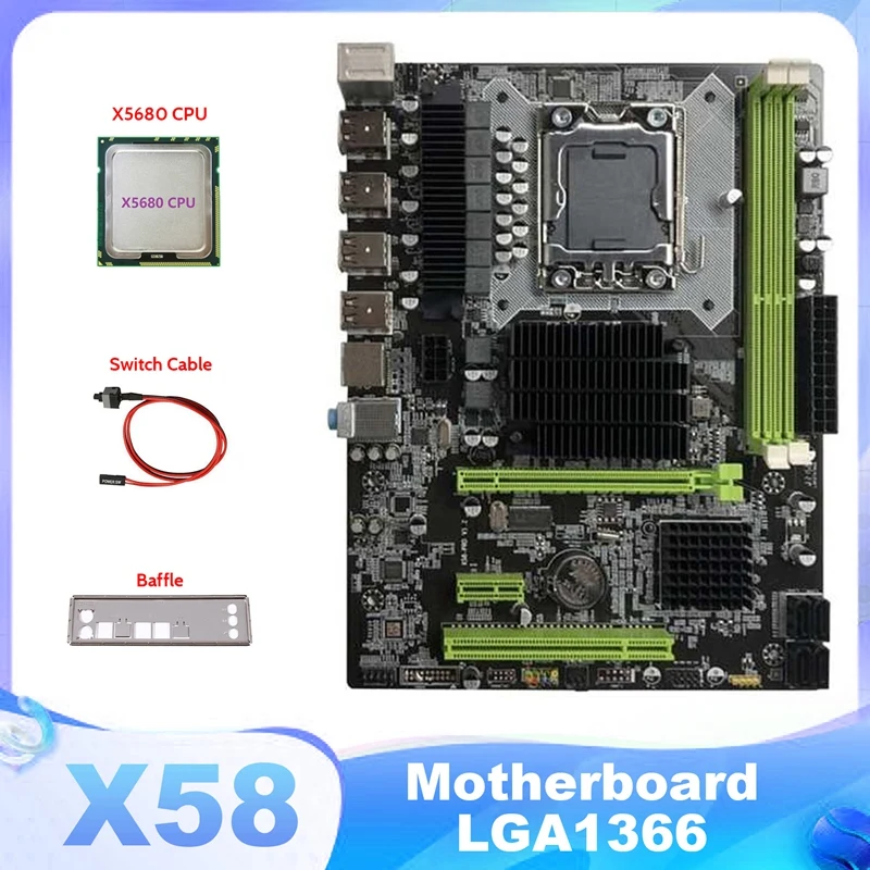 X58 Motherboard LGA1366 Computer Motherboard Support DDR3 ECC RAM Support RX Graphics Card With X5680 CPU+Switch Cable