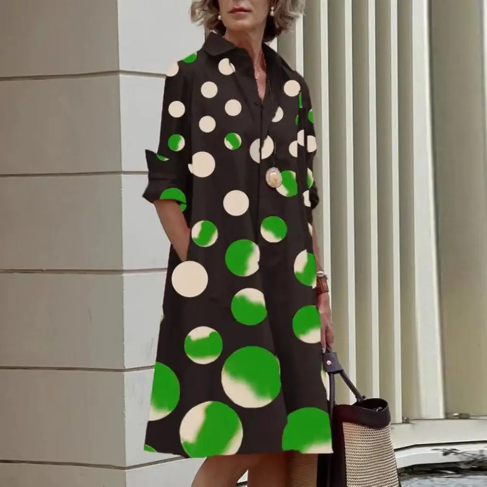 

2023 New Shirt Lapel Long Sleeve Pockets Single Breasted Shirt Dress Bohemian Long Sleeve Printed Women Dot Print Loose Clothes