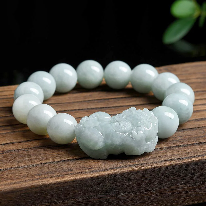 

Jia Le/Hand Carved/Natural Jade Light Green Lucky Pixiu Bracelet Elastic Beaded For Women Men Fine Jewelry Emerald Bangles