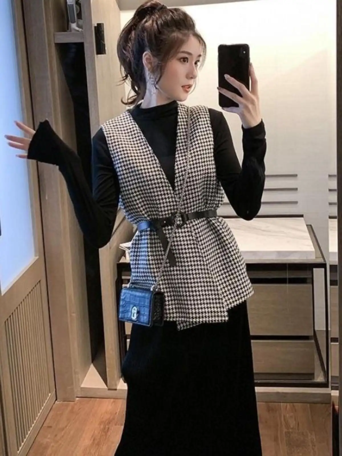 New British Sle Houndstooth Woolen Vest Women Autumn V-neck Loose Slimming Western Sleeveless Outerwear