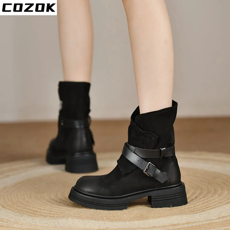Hot Genuine Women Boots Winter Brogues Retro Round Toe Thick Heel Ankle Boots Fashion Flock Women Shoes Chelsea Boots Faux Suede