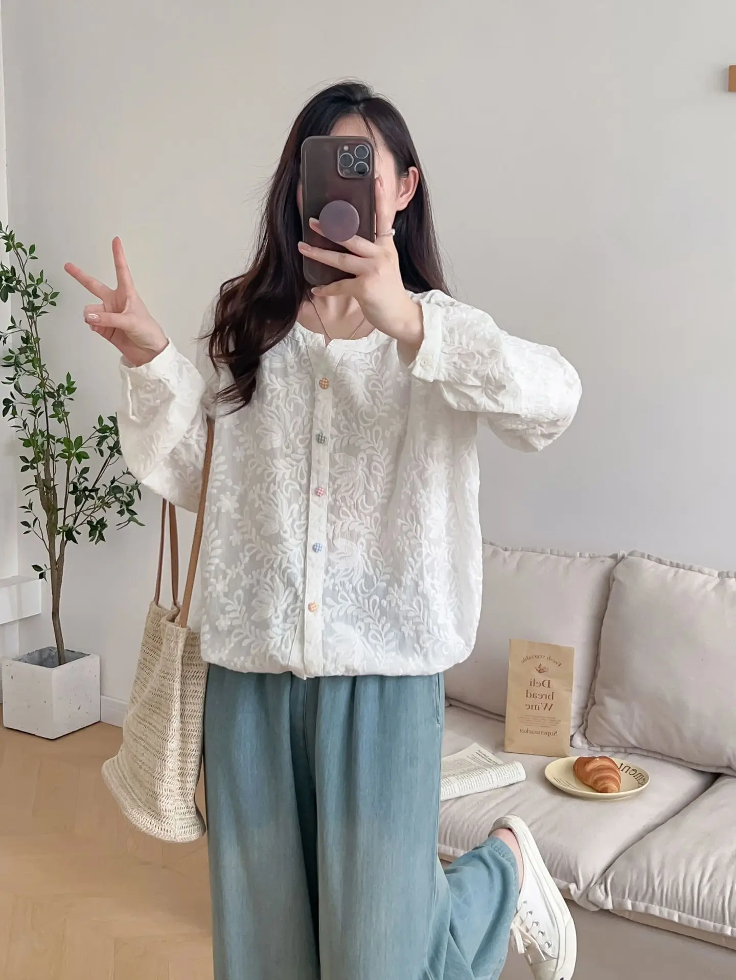 Женская хлопковая рубашка с длинным рукавом Повседневная Милая белая блузка