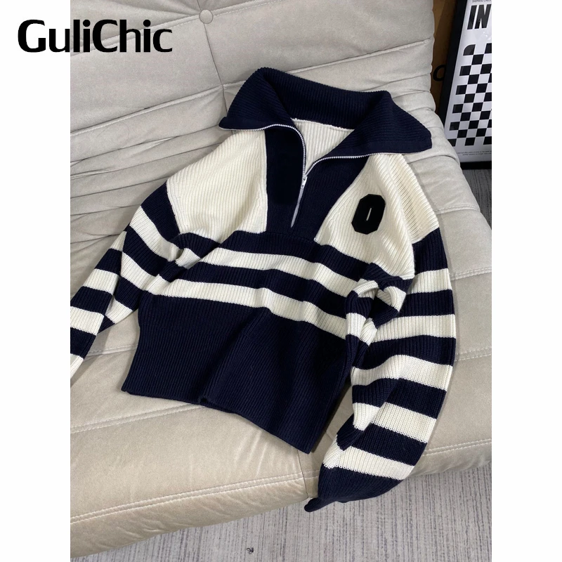 

12.6 GuliChic Women Vintage Casual Lapel Striped Letter Embroidery Half Zipper Knitted Pullover Sweater