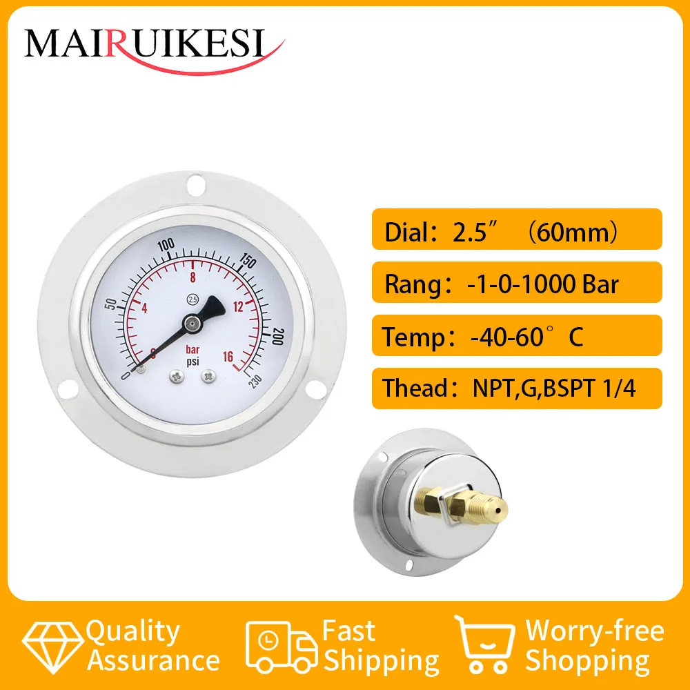 

MAIRUIKESI 63 мм (2-1/2 дюйма) Сухой манометр-1-0-600bar обратной связи с фланцевым манометром для воды, газа, масла