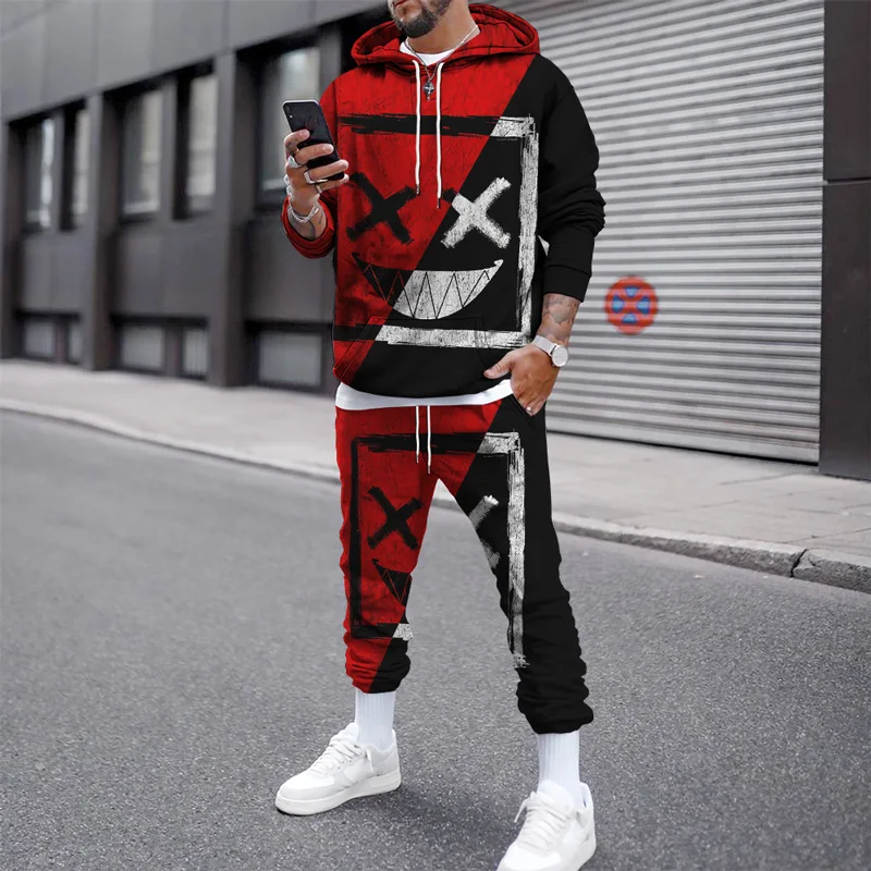 Autumn Winter Tracksuits Men's Set Hoodies Pants Suit Smile Face Thick Trousers Two-piece Pullover Sweatpants Casual Streetwear