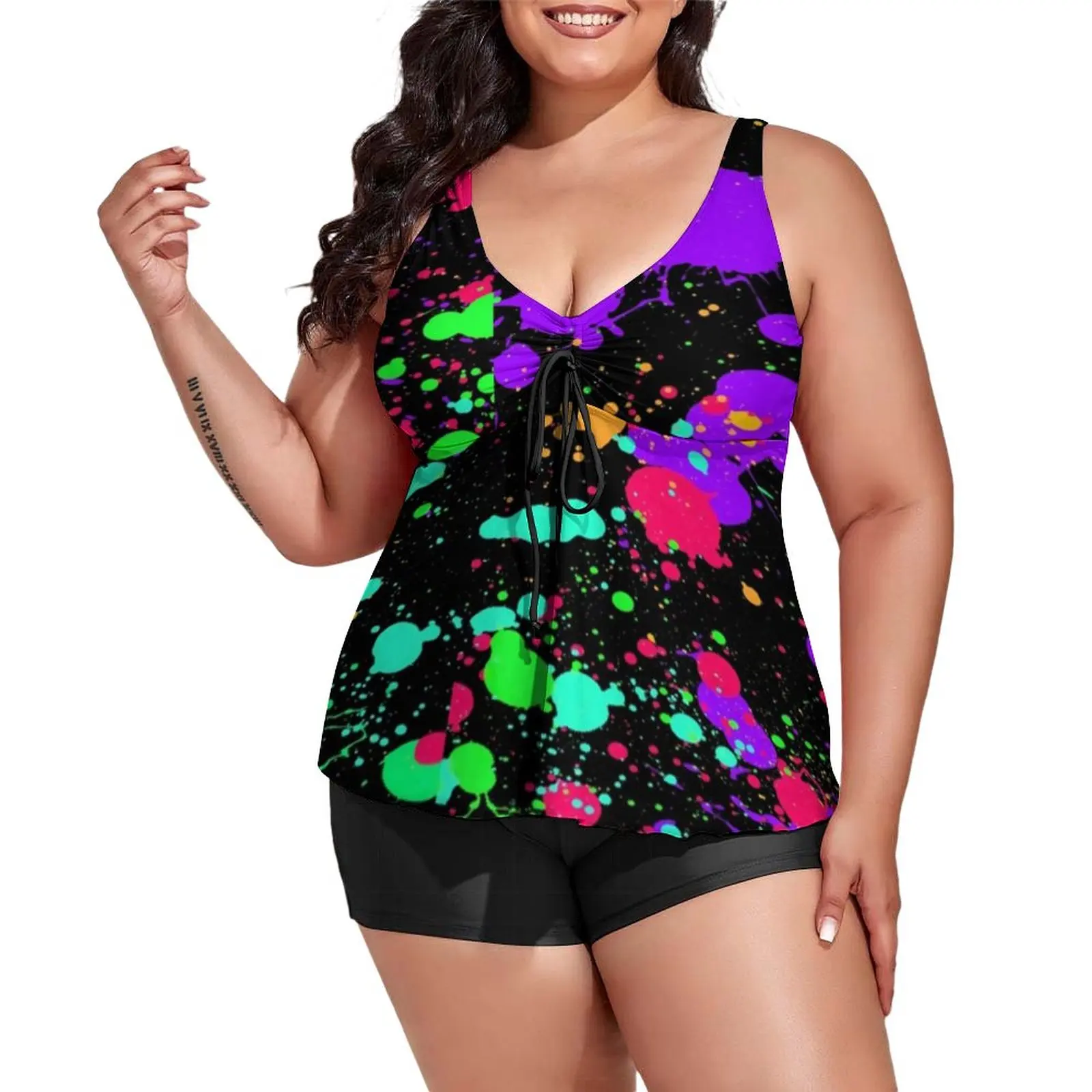 

Colorful Neon Paint Swimsuit Pretty Splatter Print Tankini Swimwear Two-Piece Bathing Suit Woman Sexy Rave Elegant Beachwear