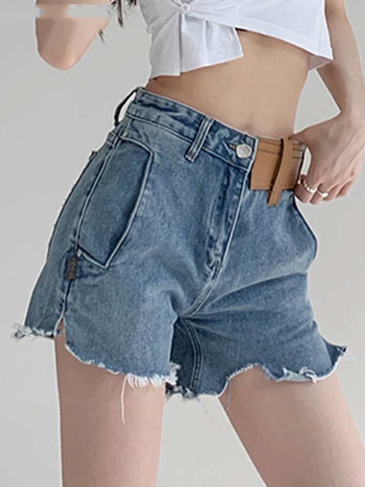 

Chic Loose Ripped Women Jeans Shorts Casual High Waist Pockets Irregular Ladies Denim Shorts 2022 Spring Summer