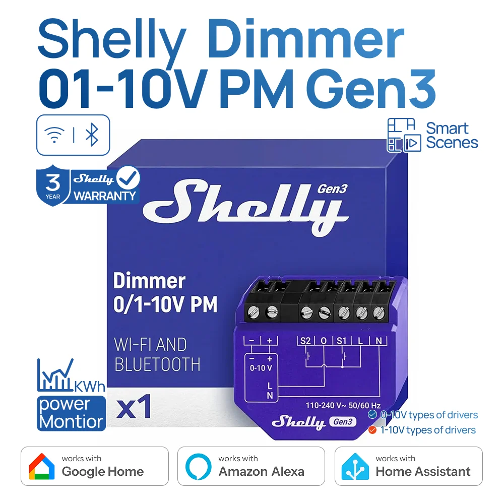 

Диммер Shelly 0/1-10 В PM Gen3 Wi-Fi с Bluetooth-управлением Интеллектуальный контроллер затемнения с измерением мощности Точное энергопотребление