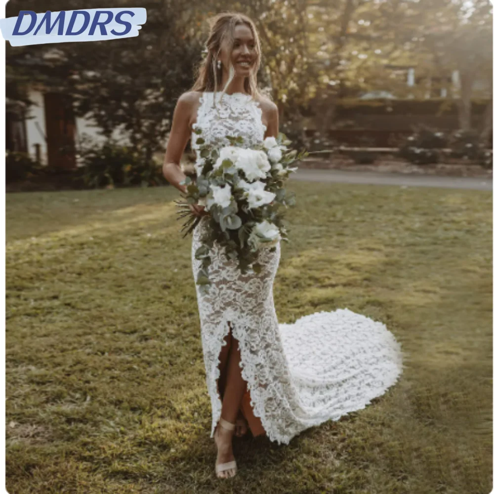 

Sexy Sleeveless Backless Dress For Bride Elegant Lace Mermaid Long Bridal Gown Modern Halter Wedding Dress Robe De Mariée