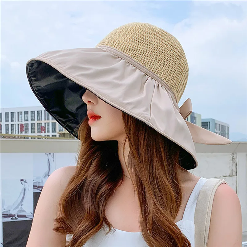 

Панама Складная с бантом и широкими полями женская, трикотажная шляпа от солнца, с защитой от УФ излучения, для пляжа, путешествий, летняя