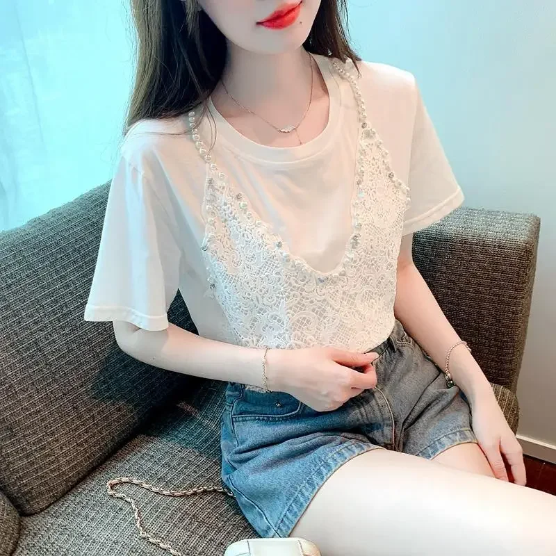 Лето 2023 новый пуловер с круглым вырезом футболка из двух частей иллюзия