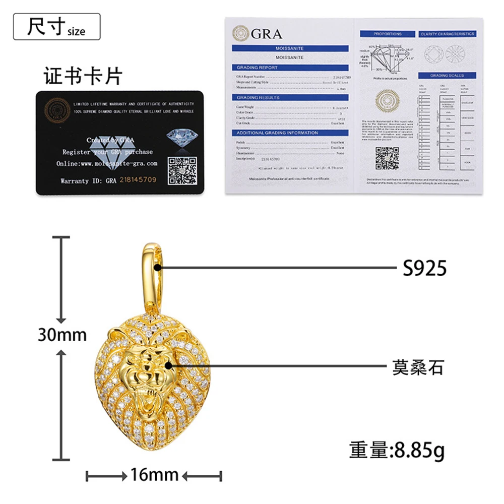 Lion Moissanite Necklaces for Women S925 Silver Pendant Men Hip Hop Jewelry Pass Diamonds Tester With GRA Free Shipping