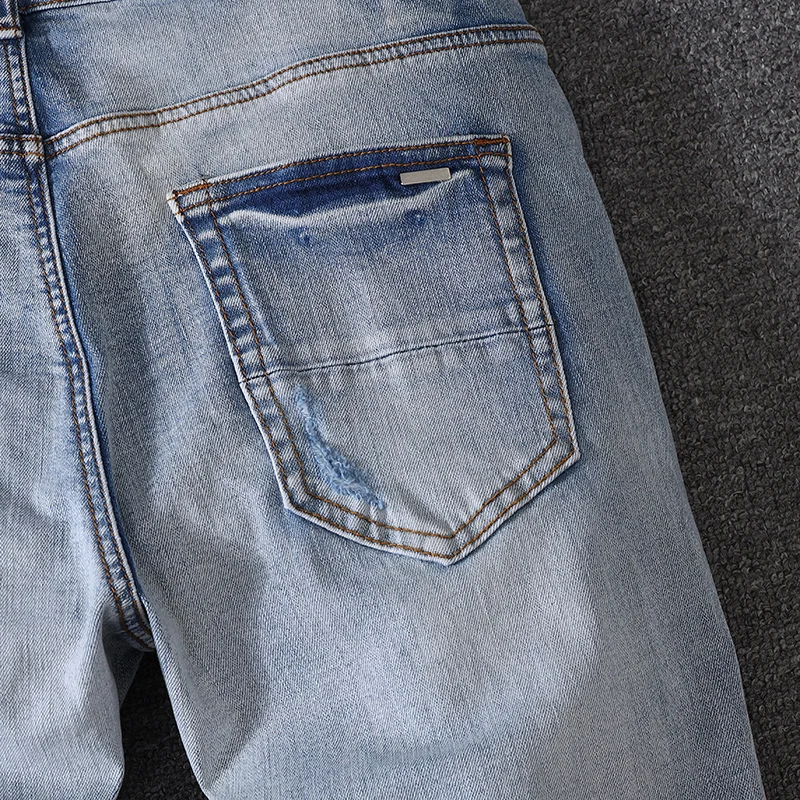 High Street Fashion Men Jeans Retro Light Blue Elastic Stretch Patched Designer Ripped Jeans Men Skinny Fit Hip Hop Brand Pants