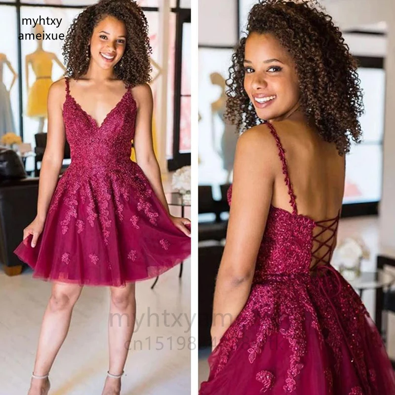 

Sexy Lovely Plum Homecoming Gowns Lace Short Cocktail Dresses V Neck Sleeveless Wedding Party Gowns Knee Length Back Out