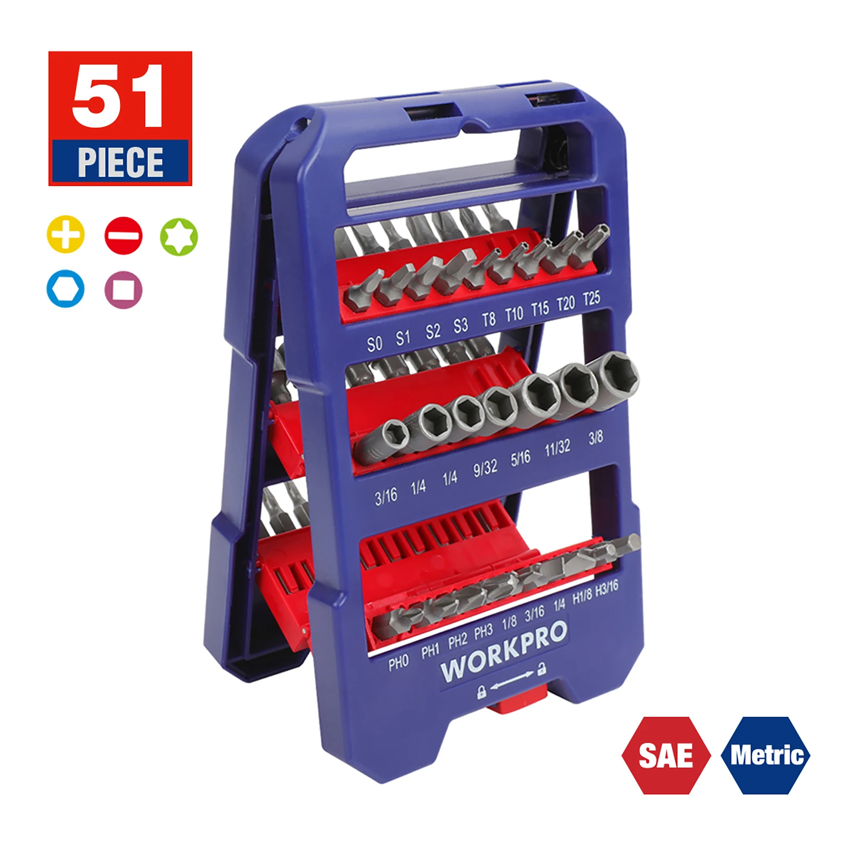 

WORKPRO 51pcs Auto Opening Bits Box, 51-piece Screwdriver Bit Set with Slotted/Phillips/Torx/Hex Bits and Nut Driver
