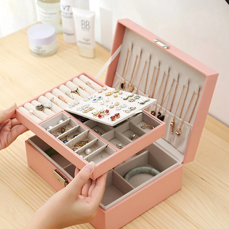 

Jewelry Box Double-Layer Desktop Jewelry Storage Container Leather Compartment Jewelry Organizer for Earrings Ring Necklace
