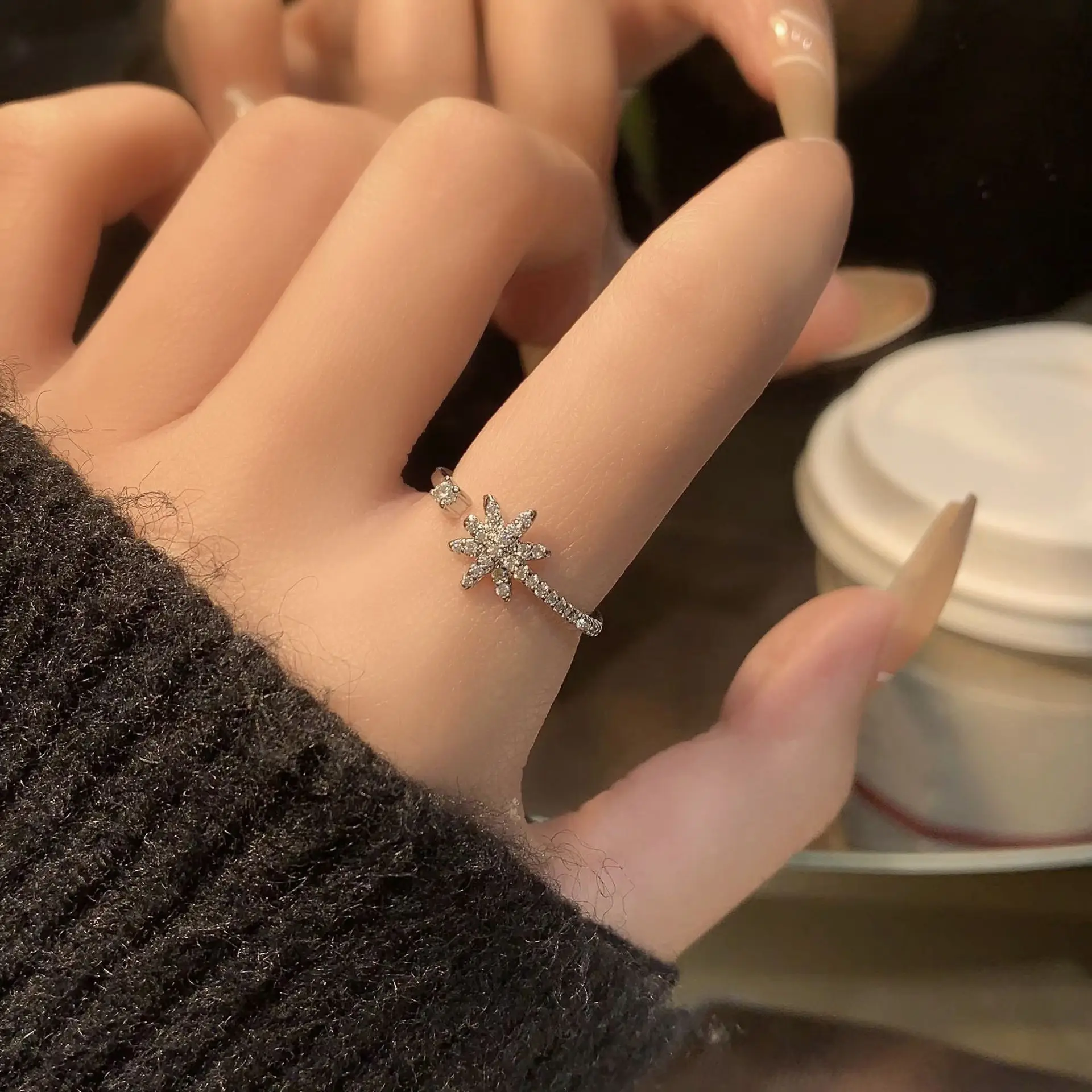 

Sweet Girls Clear Zircon Snowflake Rings For Woman 2023 Adjustable Fashion Silver Color Octagram Ring Aesthetics Korean Jewelry